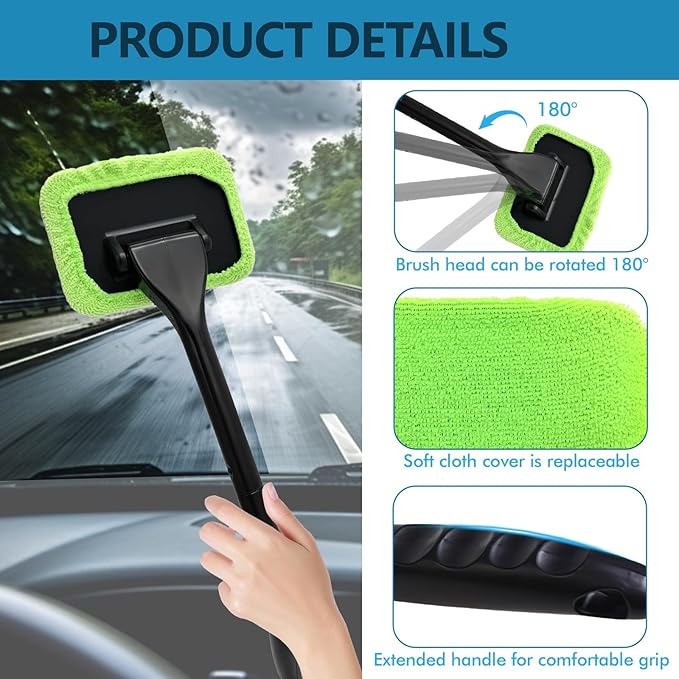 wuyaoyao Car Windshield Cleaning Tool, Car Window Cleaner with Detachable Handle & 2 Washable and Reusable Microfiber Pads, Universal Auto Glass Wiper Car Windshield Cleaner Kit