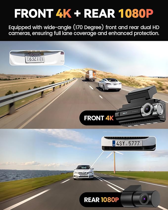 FOCUWAY Dash Cam Front and Rear, Real 4K@30fps/2K@60fps+1080P@30fps Dash Camera for Car, Touchscreen, Voice Control, with GPS WiFi, HDR Night Vision, 64GB Card, 160 Wide Angle, 24H Parking Mode