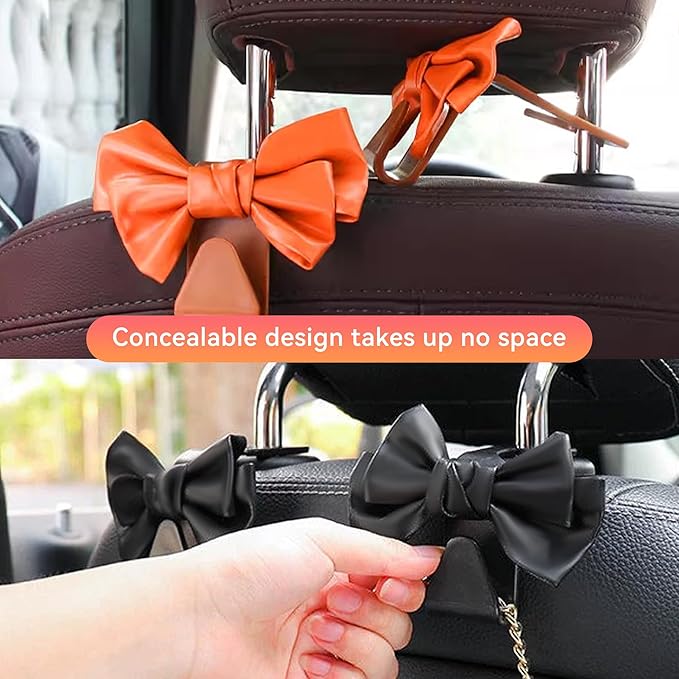 2 PCS Car Seat Headrest Hooks, Cute Bow Shaped Vehicle Backseat Storage Hooks, Leather Bow Shaped Sturdy Car Seat Back Hook for Purses/Coats (Pink)
