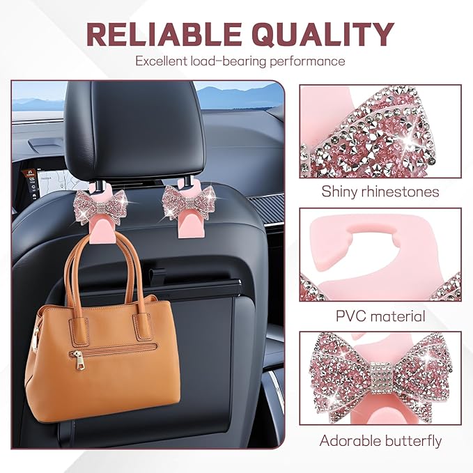 2PCS Bling Bow Car Seat Headrest Hook, Cute Bow Purse Hanger for Cars, Crystal Rhinestone Auto Seat Back Storage Hanging Hooks for Handbag Umbrella Coat Grocery Bags, Car Accessories (Pink)