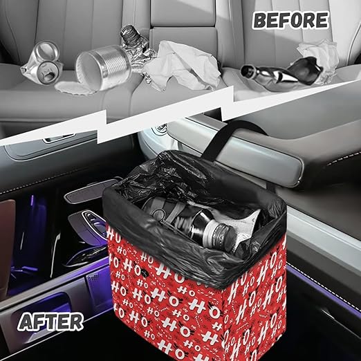 Candy Cane HoHo Pattern Garbage Bag and Water Resistant Trash Can for Car, Leakproof Trash Can for SUV Truck Christmas Car Accessories(Red)