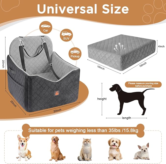 Dog Car Seats for Small/Medium Dogs, Puppy Car Seat with Thick Cushion, Detachable Washable Dog Carseat with Storage Pockets for Dogs Up to 35lbs (Grey)