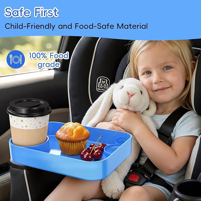 Kids Car Seat Tray, Travel Tray with Cup Holder for Toddler Baby, Kids Car Seat Food Snack Organizer for Road Trip, Stroller Snack Organizer Travel Must Haves Toddler Must Haves (Sky Blue, 2 Packs)