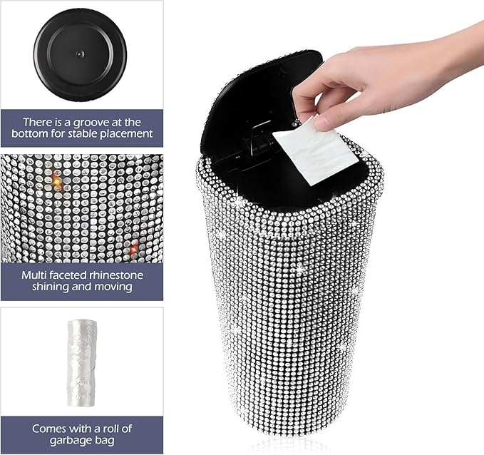 Bling Car Trash Can, Sparkly Rhinestone Cup Holder Car Garbage Can with Trash Bags, Universal for Cars, Offices, Homes – Stylish Cars Interior Accessory for Women (White)