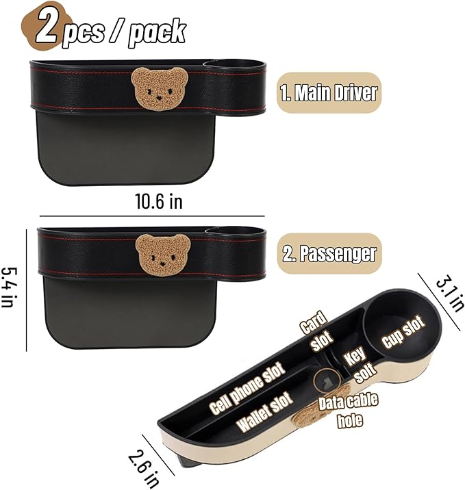 2 Pack Leather Cup Holder for Car Seat Gap Organizer Cute Bear Multifunctional Car Seat Storage Box for Mug Phone Keys Black