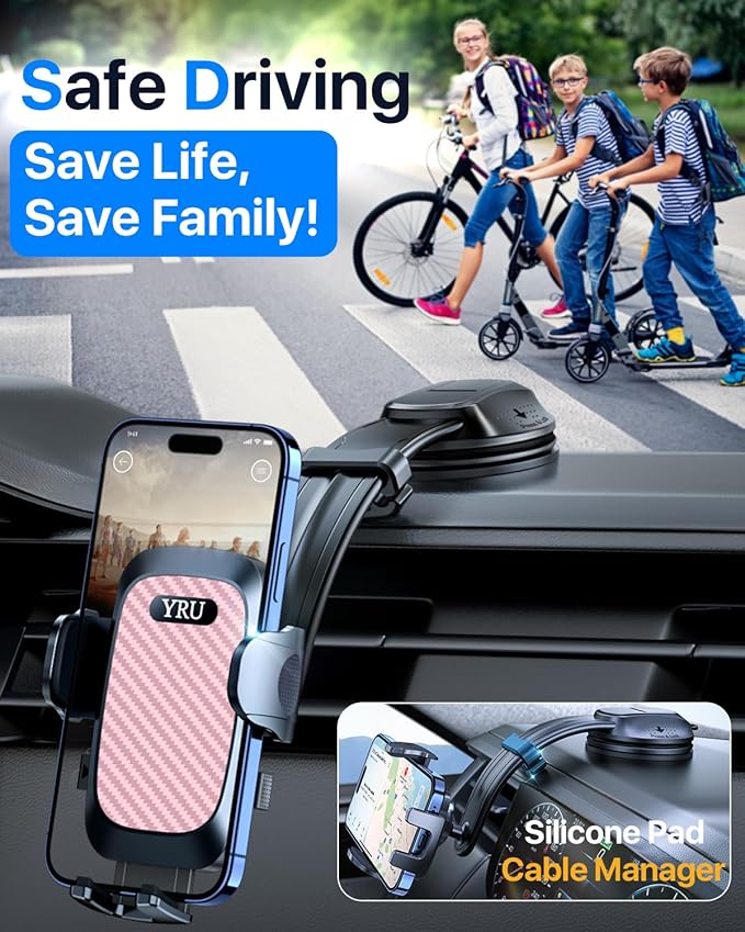 YRU [2026 Ultimate Car Phone Holder Mount [Bendable & Adjustable Aluminum Arm] Cell Phone Holder for Car Dashboard Windshield Phone Stand for iPhone 17 16 15 14 Pro Max Samsung Pickup Truck, Pink