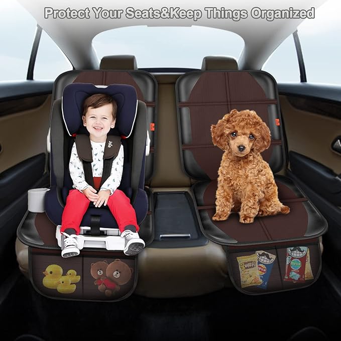 XHYANG Car Seat Protector,2 Pack Automotive Seat Protectors Baby Carseat Pad Waterproof & Durable 600D Fabric for Child Baby Car Seat Mat Vehicle Pet Cover 2 Storage Pockets (Brown)