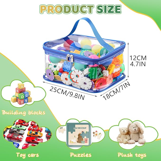 6 Packs Clear Toy Storage Bags, Colorful PVC Waterproof Toy Organizer with Zip Reusable Bags for Building Blocks, Board Game, Puzzles, Kids Books, Stationery