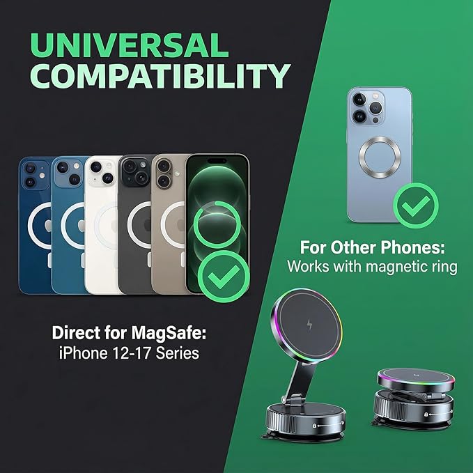 Vacuum Magnetic Phone Charging Holder Mount 15W Fast Wireless Charger for Car Magsafe 360° Adjustable Phone Holder with Nano Gel Suction Cup for iPhone 12-17 Pro Max (K3)