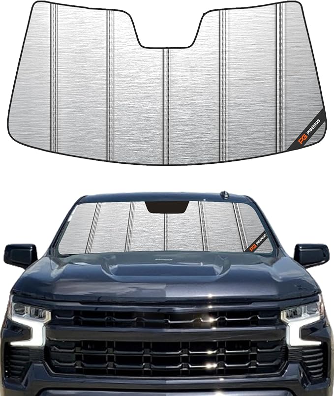 Pigenius Windshield Sun Shade Custom fits Chevy Silverado/GMC Sierra 1500 2019-2025 & 2500/3500 HD 2020-2025 New Body Style Only - Not for 2019 LD/Limited, Metallic Silver Finish