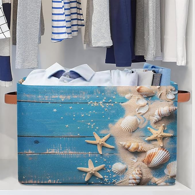 Blue Wooden Board Storage Baskets for Organizing, Fabric Collapsible Storage Bins Box Seashells Decorative Toy Organizer Baskets for Closet Shelves Gift Basket 2Pcs