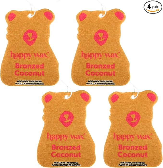 Happy Wax Bronzed Coconut Hanging Car Cub Air Freshener - Scented and Infused with Natural Essential Oils - Cute 4-Pack