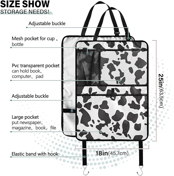 JIPONI Car Backseat Organizer, Cow Print 3 Automotive Back Seat Protector, Kick Mats with Storage Pockets for Kids Pets, Road Trip Accessories
