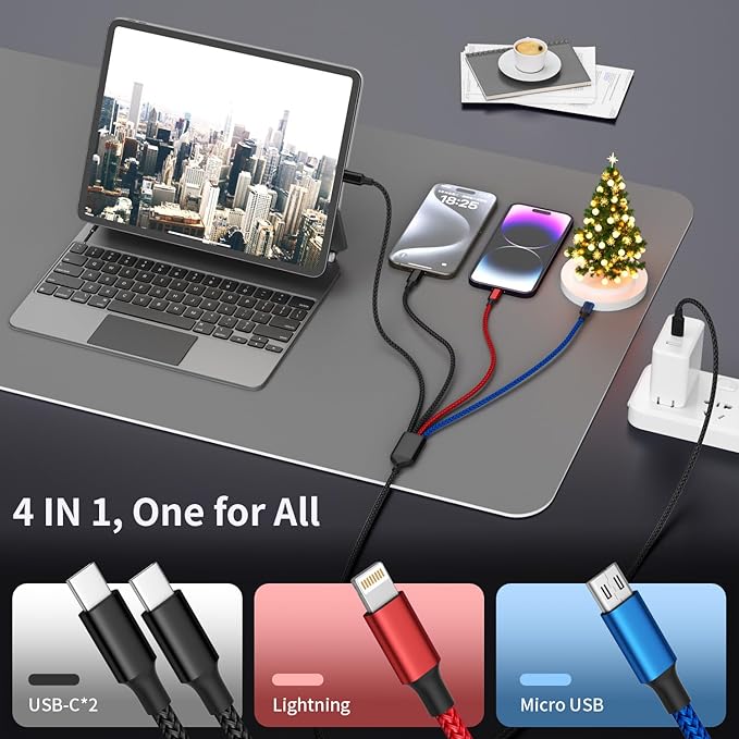 USB C to 4 in 1 Charging Cable with Dual Type-C Port 5FT, Multi Charging Cable for Multiple Devices, USB Cords with IP/Micro/2 USB-C Port for iPhone16/15/14, Androids Tablet Pad Mini Fan (2Pack)