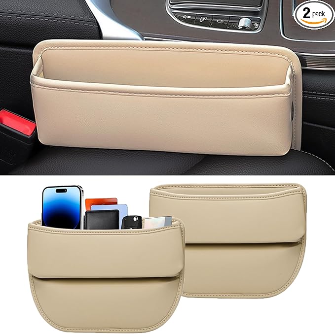 2-Pack Car Seat Gap Filler, Premium Leather Console Organizer Universal Fit for Car SUV Truck Multi-Purpose Essentials Organizer - Anti-Drop Auto Interior Accessories (Beige 2 pack)