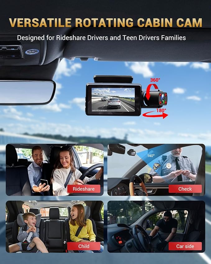 2.5K+1080P Dual Dash Cam Front and Inside, WiFi & GPS Dash Camera for Cars with 32G Card, IR Night Vision, 3" IPS Screen, Inside Car Camera for Taxi Driver, Support 256GB Max, App Control
