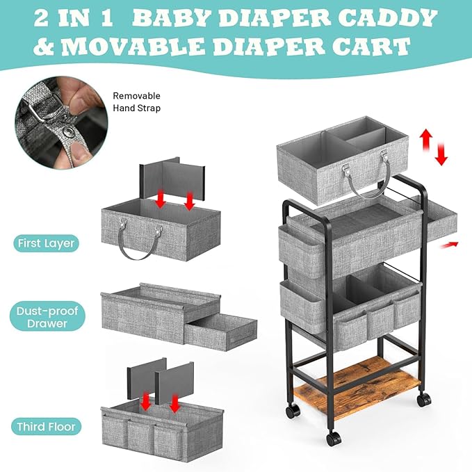 2In1 Baby Diaper Caddy & 4-Tier Rolling Diaper Cart, Diaper Caddy Organizer Cart with Dividers & Drawer, Mobile Metal Bedside Cart for Nursery Essentials Storage, Large Capacity