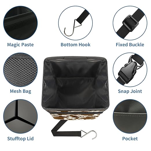 Brown Cow Print Car Trash Can with Lid Collapsible Reusable Waterproof Car Garage Bag,Automotive Garbage Can,Car Accessories Interior Car Organizer