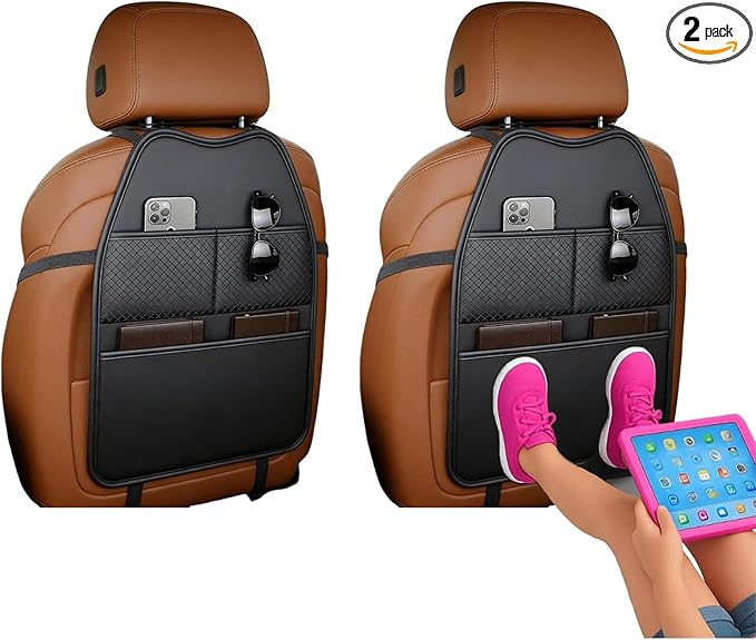2 Pack Seat Back Protector - Leather Kick Mat with Storage Pockets, Front & Back Seat Cover for Kids -Large Capacity Car Seat Organizers and Storage for Child, Splashproof & Easy Clean