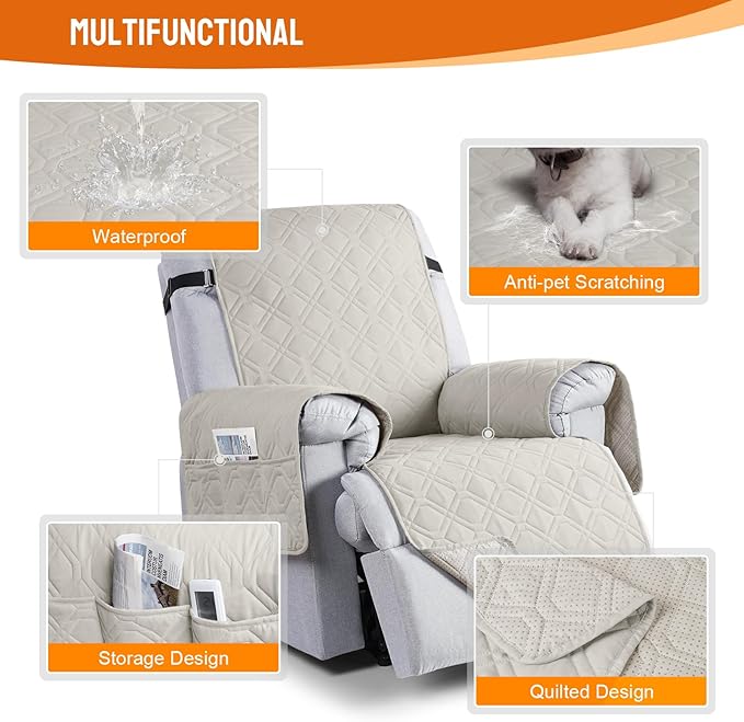 VANSOFY 100% Waterproof Recliner Chair Covers, Recliner Cover Non-Slip Dog Chair Cover Furniture Protector Washable Slipcover with Pocket, Elastic Straps for Pets, Dogs(Beige, 25")