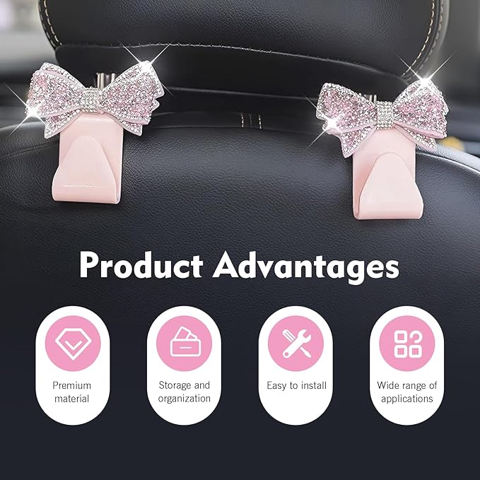 2 PCS Bling Car Seat Headrest Hooks, Crystal Rhinestone Bow Vehicle Hooks for Purses and Bags, Automotive Purse Hook Hanger, Universal Diamond Car Rear Seat Organizer (Pink)