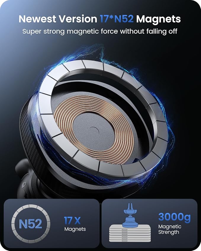OQTIQ for MagSafe Car Mount Charger, Magnetic Wireless Car Charger Compatible with iPhone 17 16 15 14 13 12 Series, 15W Fast Charging Car Phone Mount for Windshield Dashboard Air Vent