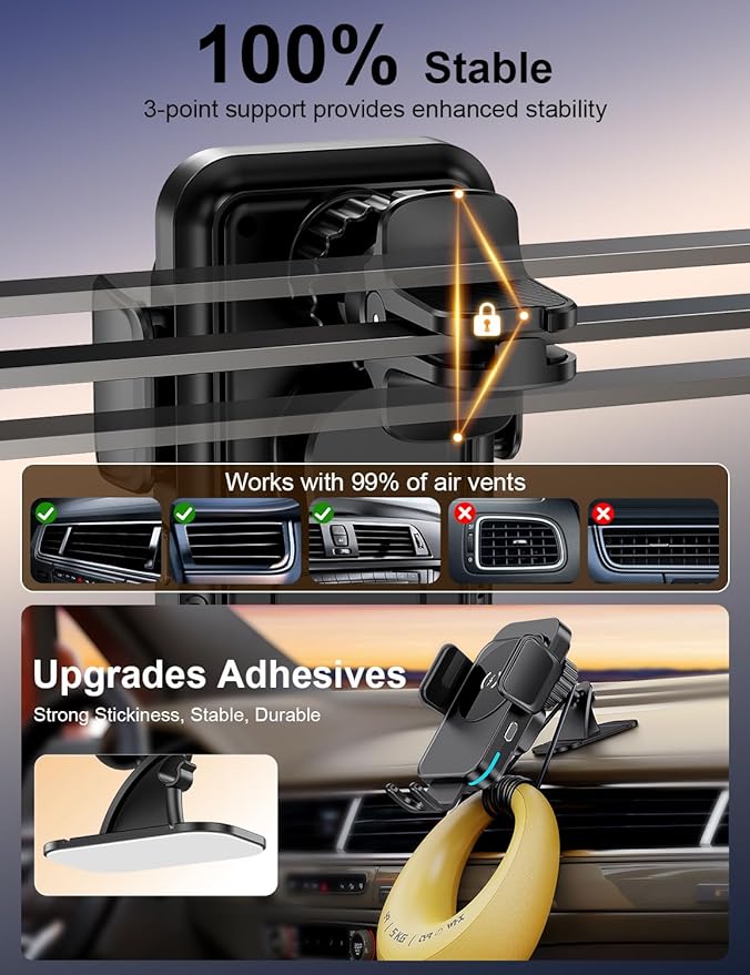 Wireless Car Charger, 15W Fast Charging [Auto Clamping] [Auto alignment] Phone Holders for Your Car Dashboard Windshield Air Vent Car Accessories for iPhone 17 16 15 14 13 12 Series, Samsung Galaxy