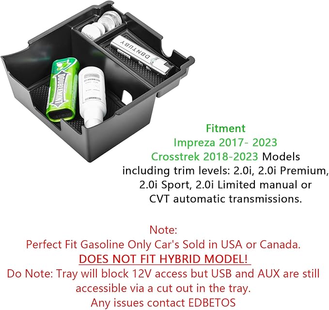 EDBETOS Center Console Organizer Tray Compatible with Subaru Crosstrek 2018-2022 2023 and fits Impreza 2017-2022 2023 Accessories Armrest Secondary Storage Box ABS (Black Trim)