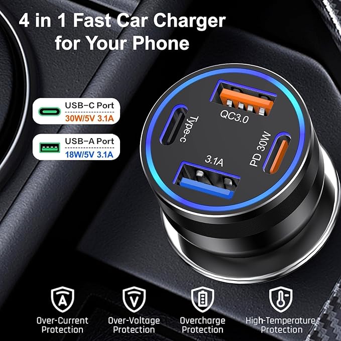 65W USB C Car Charger, 5 Pack 4-Port PD Super Fast Charging Type C Car Charger for Multiple Devices, Cigarette Lighter Adapter, USBC Phone Adapter for iPhone 17/16/15 Pro Max,Samsung S25,iPad,Pixel