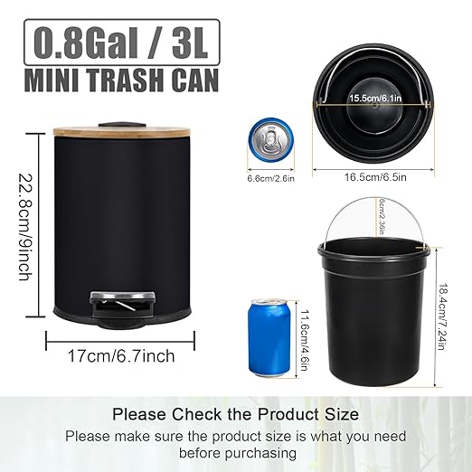 Mini Trash Can with Bamboo Lid Soft Close and Foot Pedal, 0.8Gal / 3L Tiny Round Trash Can with Removable Plastic Inner Wastebasket for Bathroom, Bedroom, Powder Room, Office, Desk, Car, Black