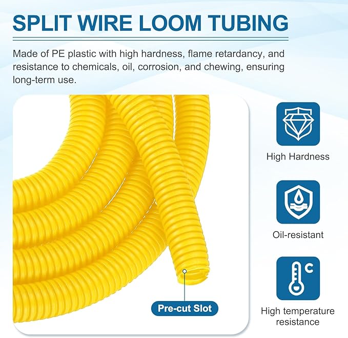 MECCANIXITY 1 1/4 Inch 20ft Split Wire Loom Tubing, Flexible Cord Protectors with Installation Tool Cable Management Sleeve Conduits Cover for Office Home Electrical Automotive Wires, Yellow