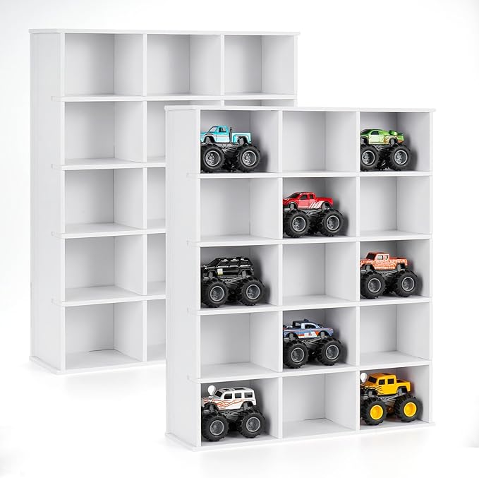 2 Pack Trucks Display Shelf, 15 Slot Toy Cars Display Case, Wall Mounted Toy Truck Storage Organizer Holder, White