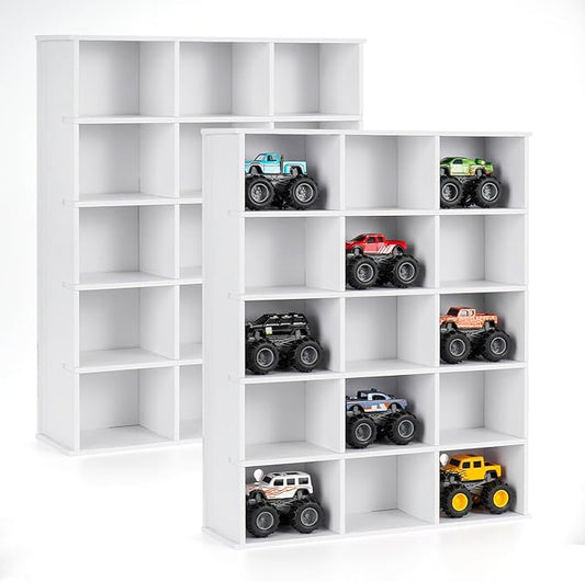 2 Pack Trucks Display Shelf, 15 Slot Toy Cars Display Case, Wall Mounted Toy Truck Storage Organizer Holder, White