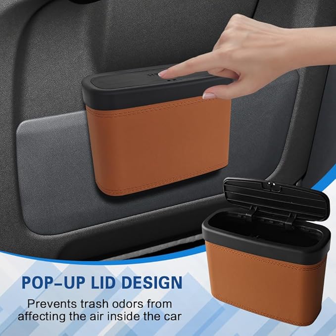 2PCS Car Trash Can with Lid, Press-Top Car Trash Bin with 30PCS Cars Trashs Bags, Small Automotive Dustbin Garbage Container Universal Fit Most Cars Office Home (2pcs-Brown)