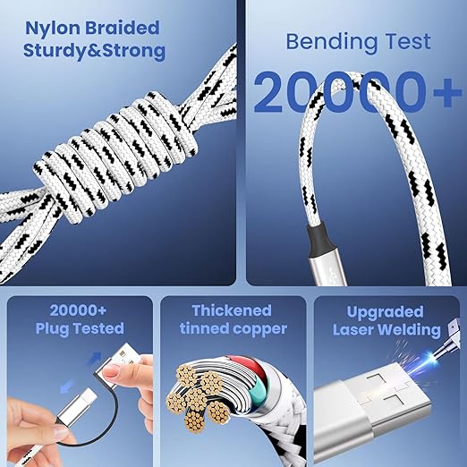Travel Essentials 3 in 2 Multi Charging Cable, USB A/C Charging Cords with Type-C/IP/Micro, Universal Phone Charger Cord Compatible with iPhone17-8/iPad/Android/Tablet/Car (3Packs 5FT)