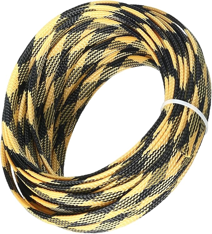 Aicosineg 32.81ft PET Flexible Braided Cable Sleeve 0.33inch Width Wire Loom Sleeving and Organizer Flexible Wire Mesh Sleeve Wrap Protector for TV Audio PC Cords from Pets Chewing Black and Yellow