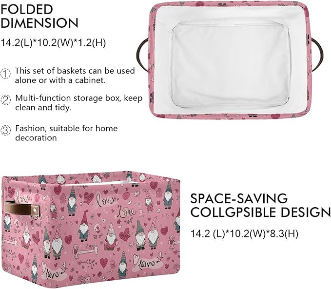 Happy Valentines Day Pink Storage Basket with Waterproof Liner and PU Handles Love Gnome Flowers Gift Storage Bins Boxes 14.2" Collapsible Decorative Organizer Baskets for Bedroom Closet Office 1 Pack