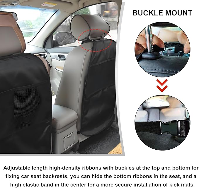 Kick Mat Back Seat Protector, Waterproof Car Backseat Protective Kick Mat with 2 Mesh Pockets, Large Vehicle Seat Back Kick Mat Organizer for Kids, Car Accessories