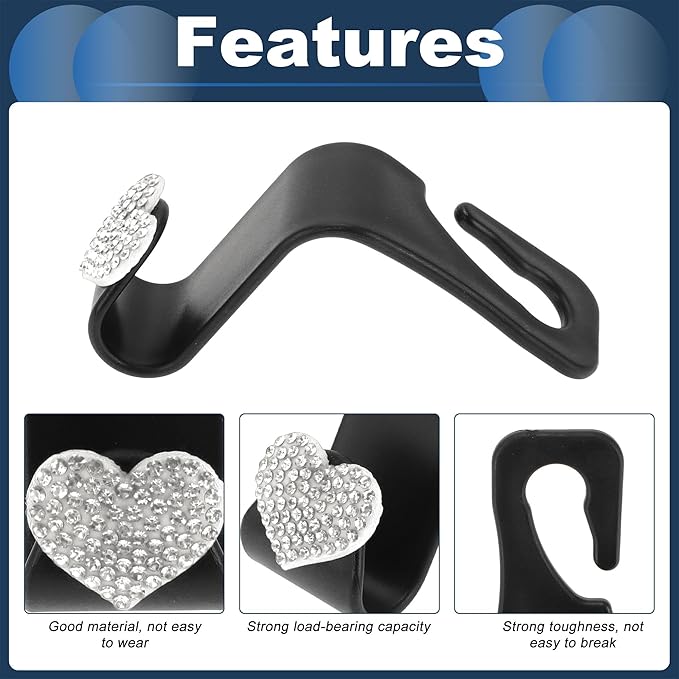 Car Seat Headrest Hook Interior Accessories for Most Car, SUV, Truck Car Seat Back Organizer Hooks Plastic Rhinestone Sturdy White 2.4"x1.26"