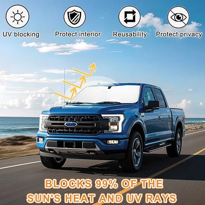 PIMCAR Windshield Sun Shade for Ford F150 2021-2026, Premium 310T Reflective UV Protection, Lightweight Foldable Sun Visor with Storage Pouch