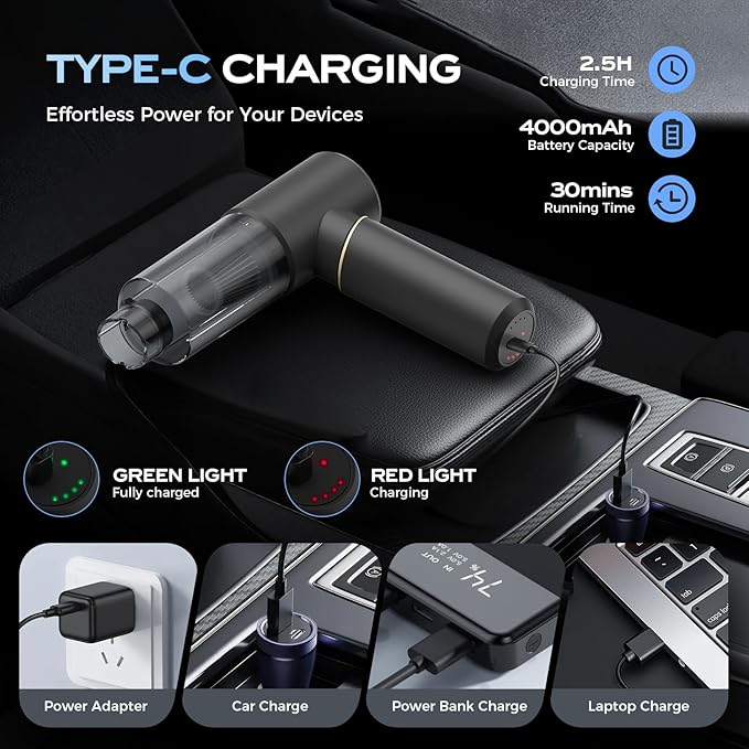 BSRCO 15000Pa Powerful Handheld Car Vacuum Cordless, 4-in-1 Multi-Function Hand Vacuum Cleaner with Type-C Charge, Dual Suction Modes,HEPA Filter, Ultra Lightweight (1.25lbs) for Home, Car & Pet Hair