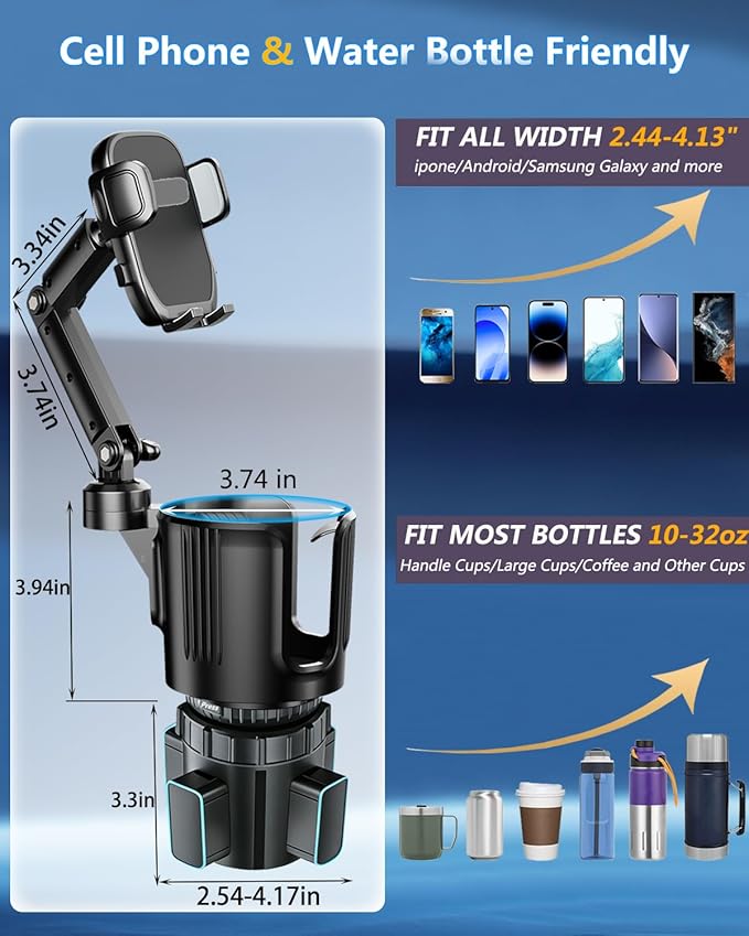 Cup Phone Holder for Car Cup Holder with Expandable Base, Detachable Dual Cellphone Holder Cupholder Car Mount with Long Arm Universal Fit iPhone and Large Bottle, for Truck SUV