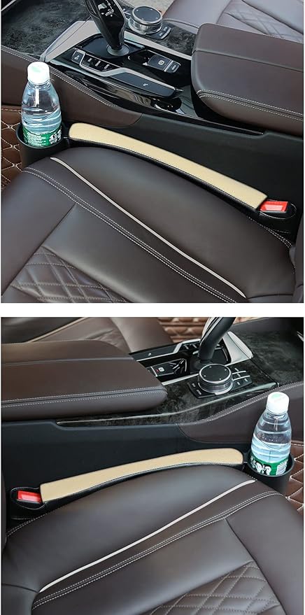 Tumecos Car Seat Gap Filler Pad PU Leather Console Side Pocket Organizer with One Cup Holder for Cellphone Wallet Coin Key 2 Pcs (Black+Beige Surface)