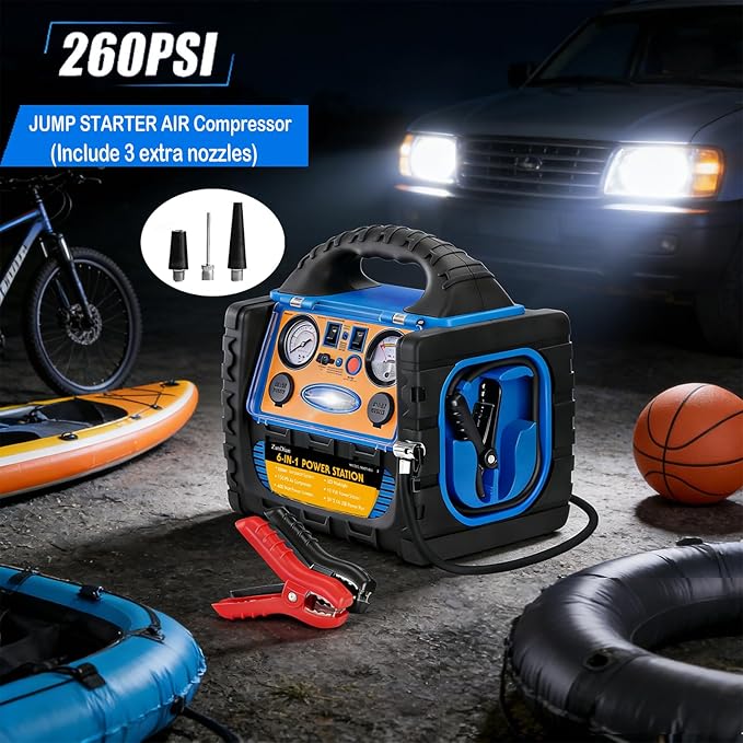 2200A Car Battery Jump Starter with Air Compressor 260PSI,12V Heavy Duty Jump Box (8.0L Gas/6L Diesel), Jump Box Power Pack with USB/DC Output and LED Light