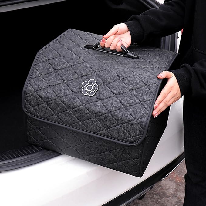 Tissting Car Storage Box, 13 x 12.2 x 11.42 Inch PU Leather Trunk Suv Organizer with Lid, Black Garage Cargo Organizer for Camping Picnic Shopping