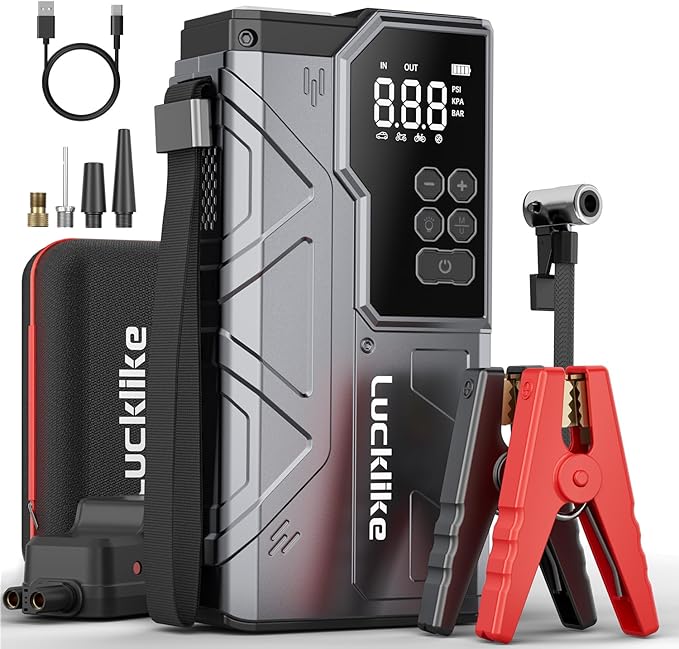 Lucklike W210 Jump Starter with Air Compressor 150 PSI, 12V 6000A Peak Lithium Car Battery Jump Starter for All Gas and 10.0L Diesel, 80.66Wh Booster Jump Box Pack with LED Light, Jumper Cables
