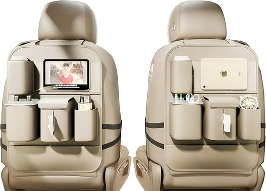 GMQ Backseat Car Organizer with Touch Screen,Protectors Kick Mats Travel Accessories for Kids,Multifunctional Seat Back Organizer Car Travel Organizer Accessories (Beige, 2PCS)