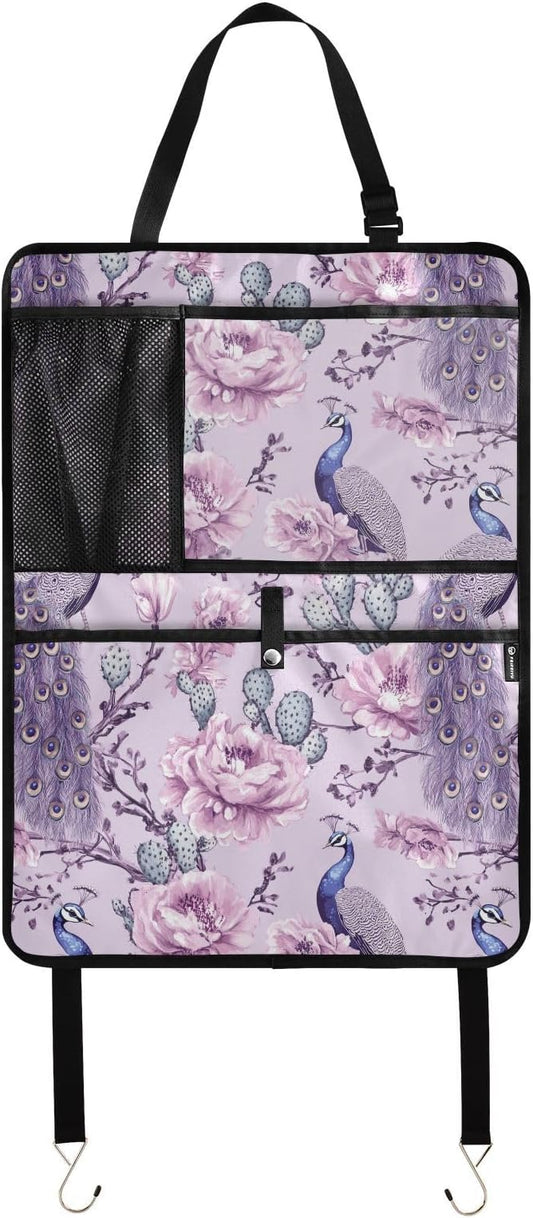Purple Peacock and Cactus 01 1 Pack Backseat Car Organizer with Storage Pockets Seat Back Organizers for Kids Kick Mats Backseat Protector Automotive