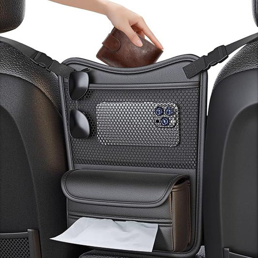 Car Organizer Storage Between Seats, Nappa Leather Headrest Hanging Storage Bag Pocket Purse Holder Snack Holder Automotive Console Organizer for Travel, Driving