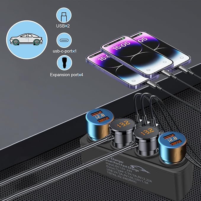 Multi-Function Cigarette Lighter Splitter, Cell Phone Car Charger, 4 Cigarette Lighter Sockets, 1 PD Fast Charger Port 2-Port USB Power Adapter for Cell Phones Adapter